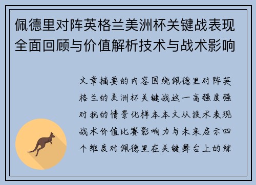 佩德里对阵英格兰美洲杯关键战表现全面回顾与价值解析技术与战术影响