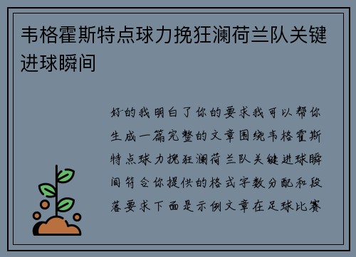 韦格霍斯特点球力挽狂澜荷兰队关键进球瞬间